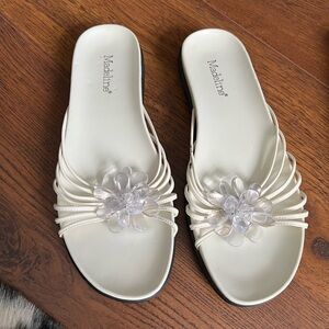 Madeline White Slide Sandals with Floral Accent